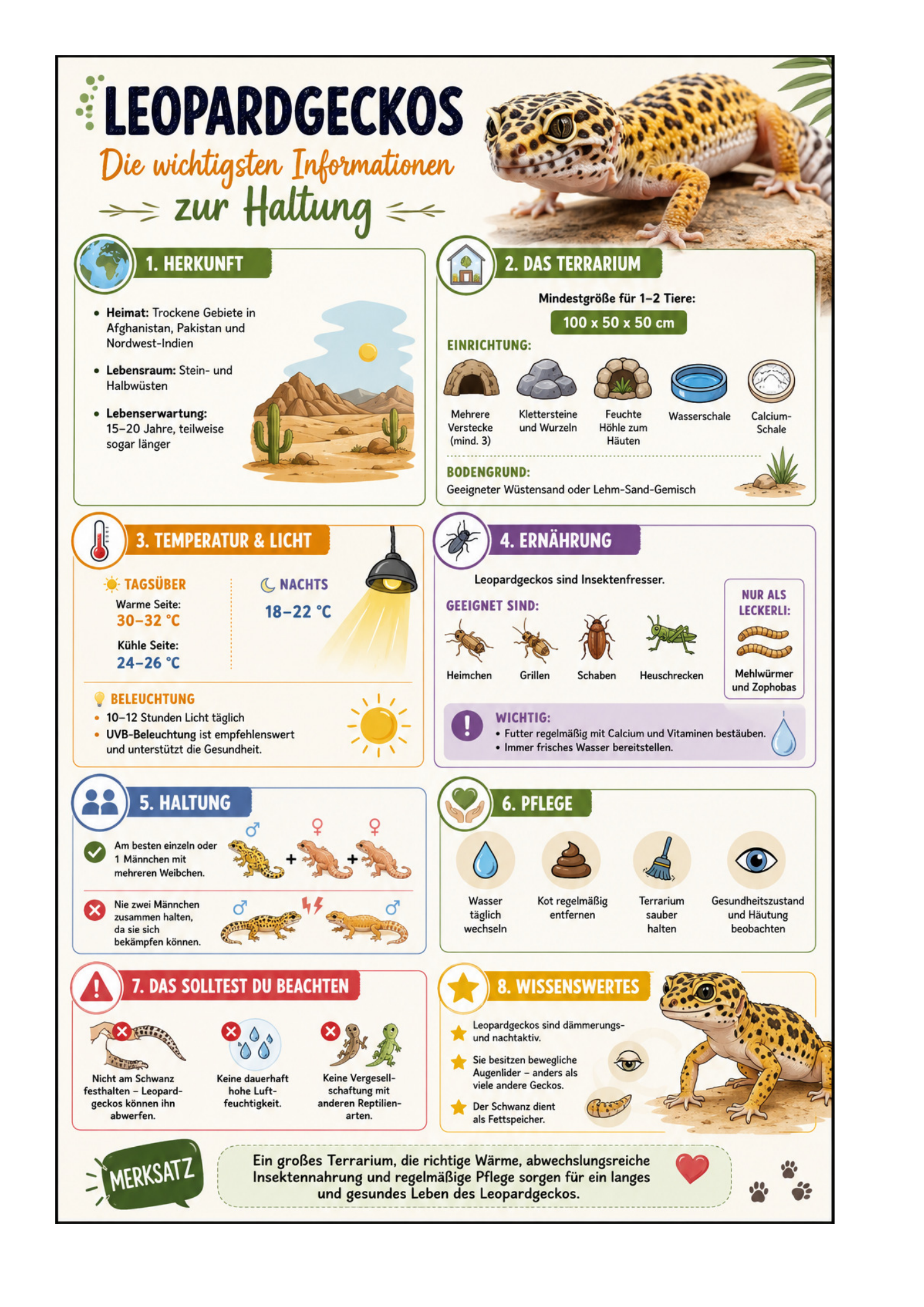 Merkzettel mit den wichtigsten Informationen zur Haltung von Leopardgeckos